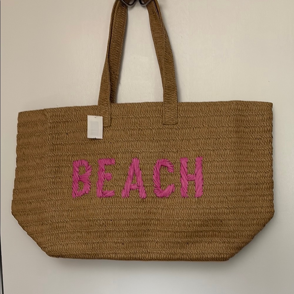 Brown Beach Tote Bag with Pink Accents NWT